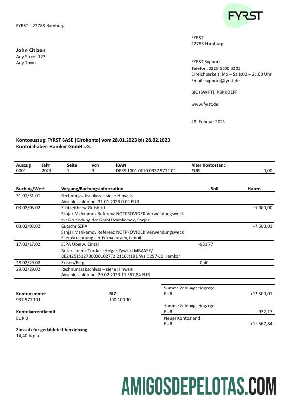 Modelo para impressão do primeiro extrato bancário da Alemanha em Word e PDF